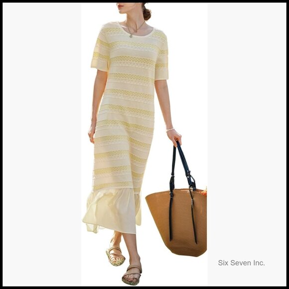 Dresses & Skirts - Striped Knitted Midi Dress, Viscose Nylon Blend, Casual Bohemian